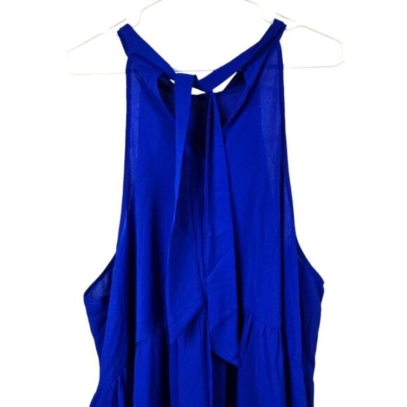 Solid Royal Blue Ruffle Hem Halter Dress Boho Bow Back Tiered Flounce Sleeveless - Picture 4 of 13